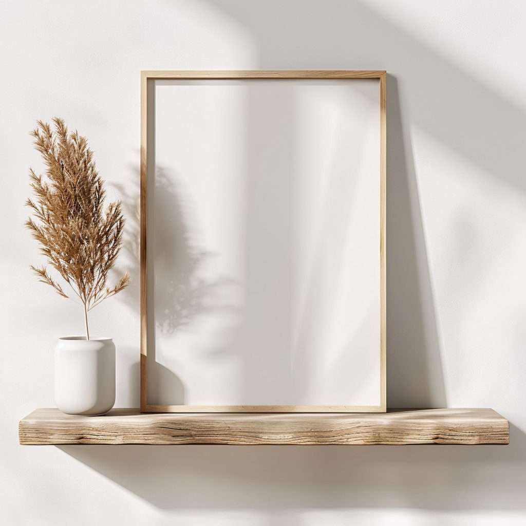 Ein leerer Bilderrahmen neben einer Vase mit Pampasgras auf einem Regalbrett.